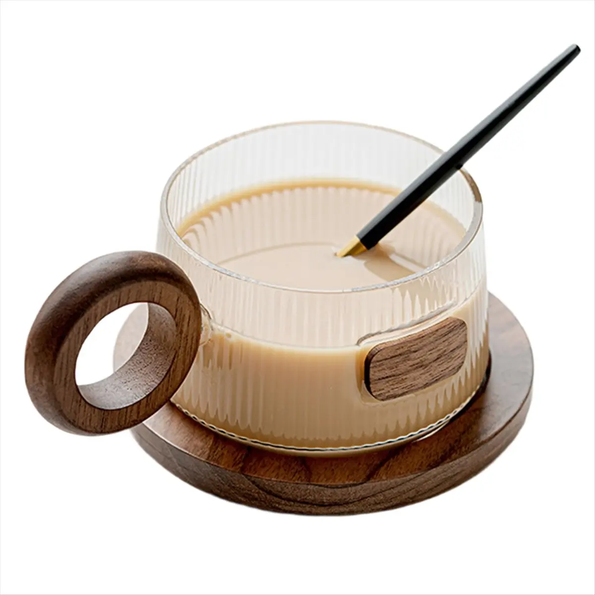 Okay Coffee Cup Set Glass Tea Cup with Spoon Wood Coaster Simple Household Milk Tea Cup Glass Water Cup