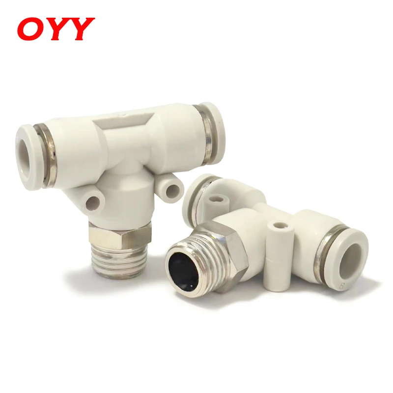 100PCS White Trachea Quick Connector PB14-02-03-04/ 16-02-03-04-06 T Type Three-way Thread Pneumatic Fittings