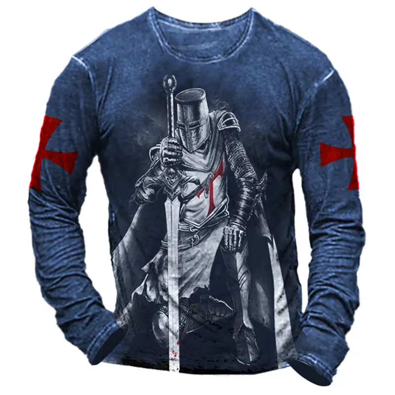 Templar Knight  Print Retro Fashion Casual Men\'s Round Neck Long Sleeve Street Hip Hop Extra Large Speed Drying Wearing T-shirt