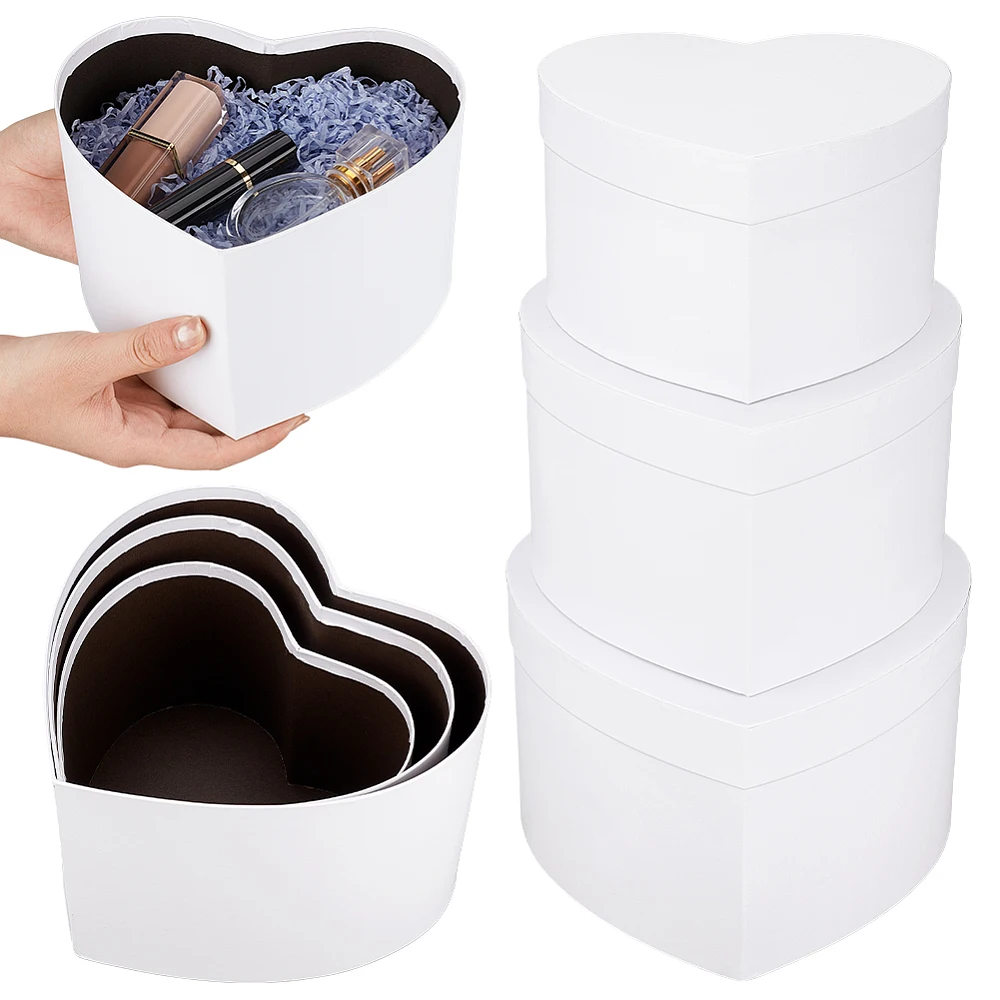 3Pcs 3 Sizes Heart Shaped Boxes for Flowers White Floral Boxes with Lids Cardboard Heart Nesting Gift Box Paper Present