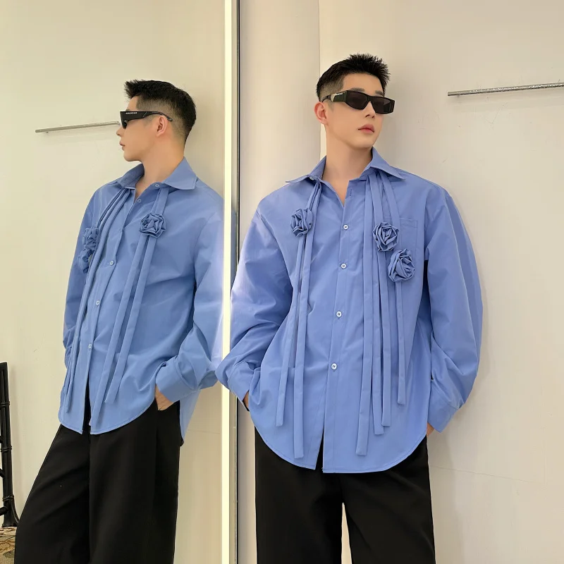 Unique Atmosphere Blue 3D Rose Tassel Shirt Men's Standard Fit Long Sleeve Polyester Fiber Commute Style Spring Summer Top