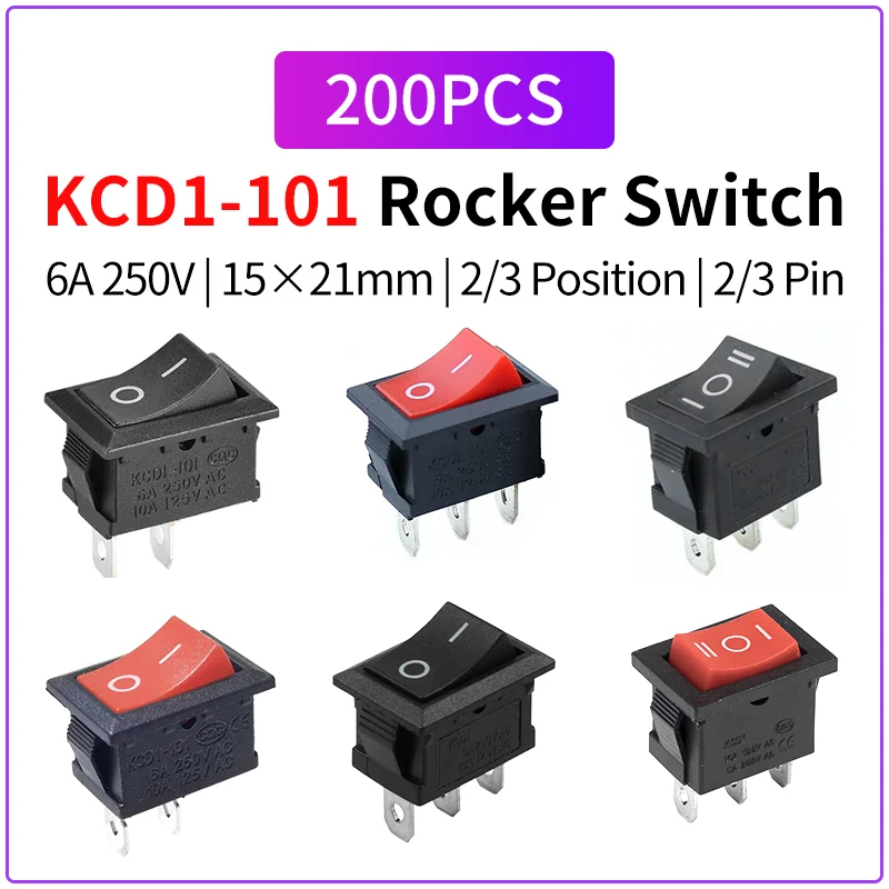 

200 шт. 15 × 21 мм кулисный переключатель KCD1-101 6A 250 В переменного тока 10 А 125 В переменного тока 2/3 положения 2-контактный 3-контактный выключатель питания