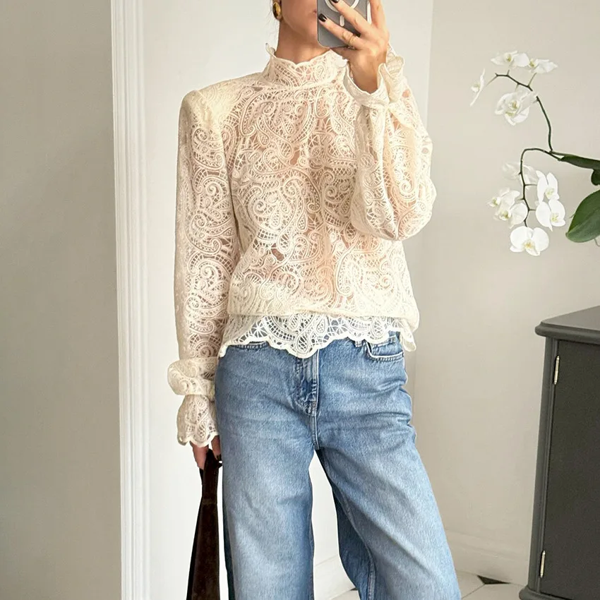 

Women's Gentle Elegant Beige Lace Blouse - Stand Collar Full Lace Fabric Long Puff Sleeve Flared Cuff Casual Dating Top
