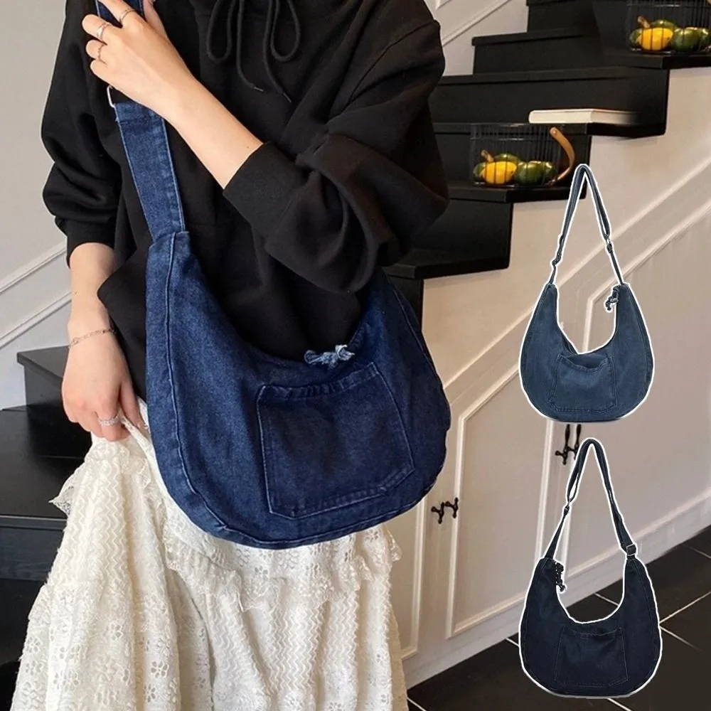 

Trendy Vintage Denim Shoulder Bag Versatile Large Capacity Cross Body Bag Commuting Multi-pockets Satchel Bags Girls