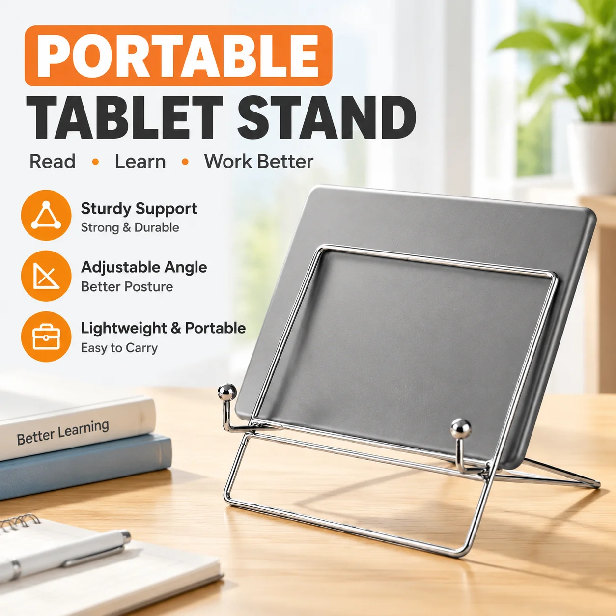 Portable Iron Metallic Tablet Stand Desktop Reading Holder Lazy Support Bracket for Learning Table-top Use