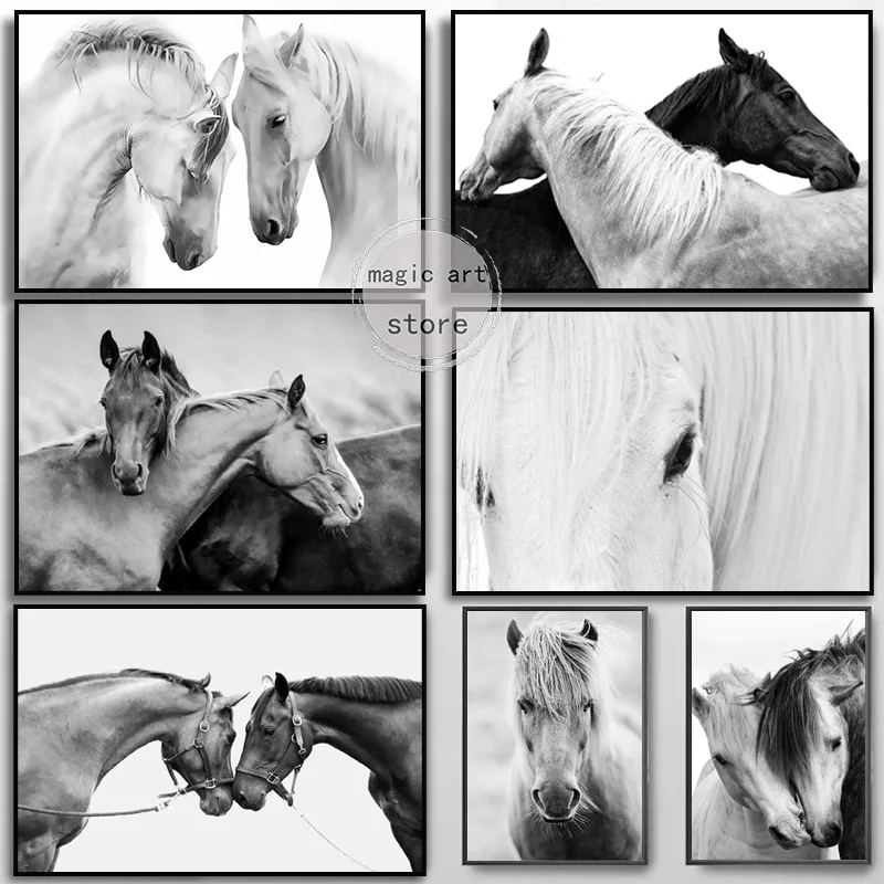 Abstract Black White Wild Horses Couple Horse Animal  Art Poster Canvas Painting Wall Prints Picture for Room Home Decor Cuadros