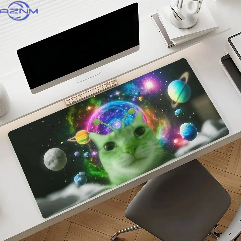 Green Alien Cats In Space Mouse Pad Anti Slip Rubber Edge Locked Thickened Laptop Gaming Desk Mat