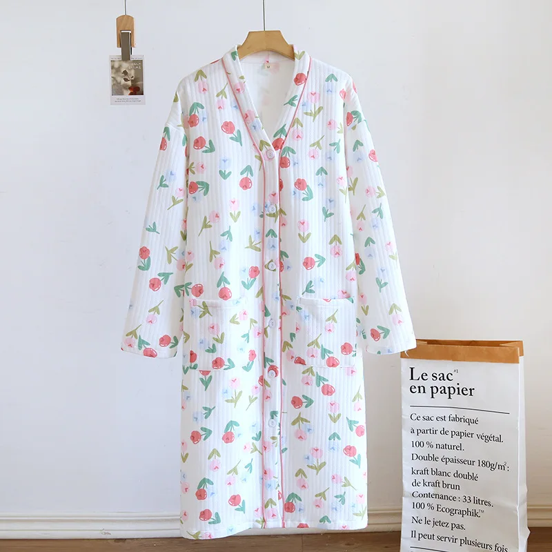 Winter New Cotton Air Layer Kawaii Girls Floral Sleep Robe Dress Women\'s Nightgowns Nighttie Sleepshirts Ladies Home Clothes