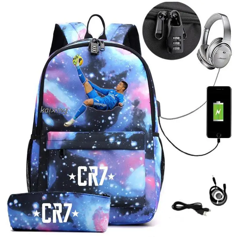 17 inch CR7 Backpack Anti Theft USB Charge Backpack Waterproof Women Men School Bag Teenage Girls Boys Travel Bags