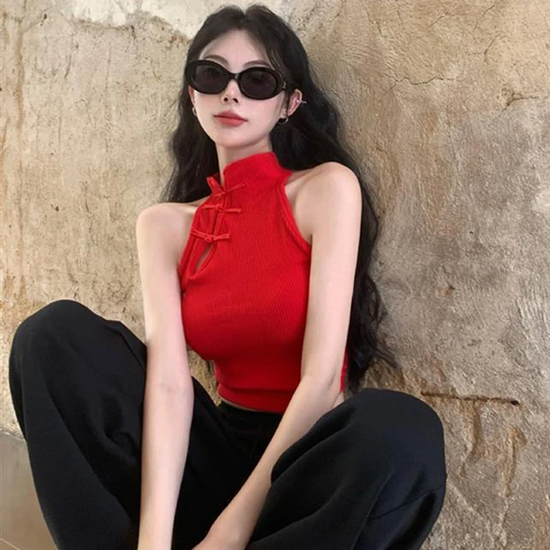 New Chinese Style Button Tank Tops Sleeveless Sexy Crop Tops Stand Collar Elegant Cheongsam Style Women Clothes with Bra Pad