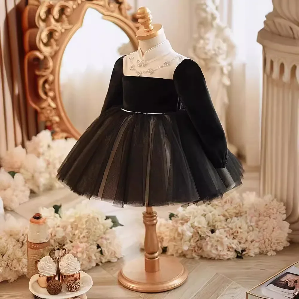Kids Elegant Long Sleeve Birthday Party Boutique Dress y1230 2025 New Girls Evening Black Princess Ball Gown
