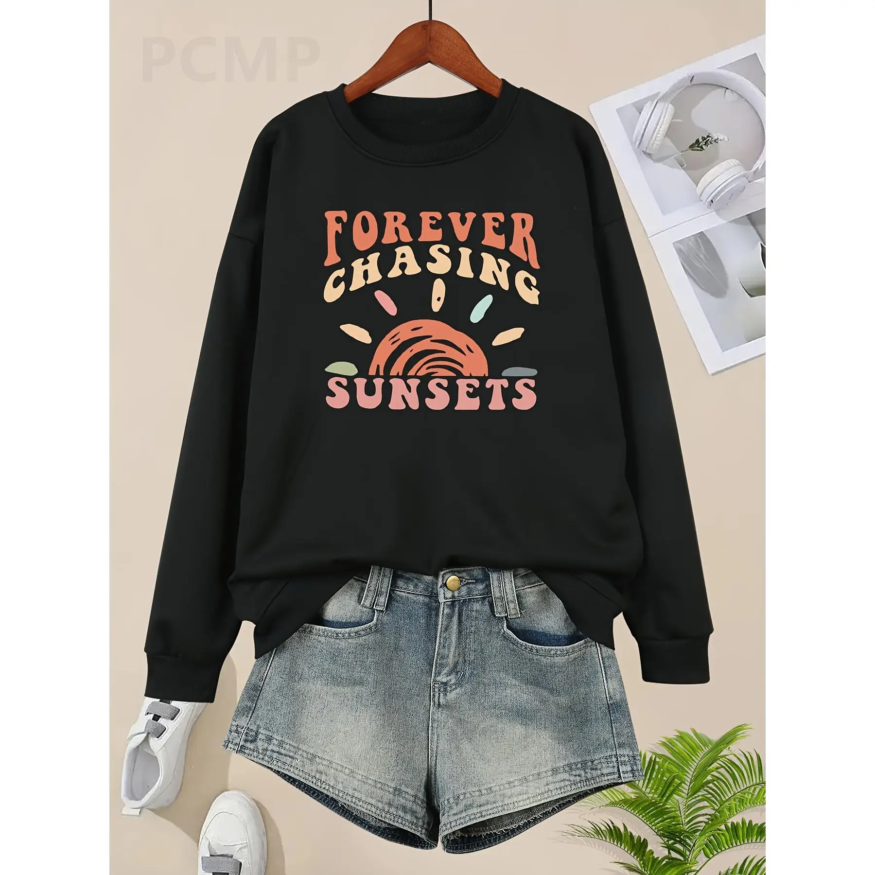 

"Forever Chasing Sunsets" Sweatshirt Unisex Retro Beach Graphic Pullover Vacation Travel Ocean Lover Cotton Top Holiday Gift