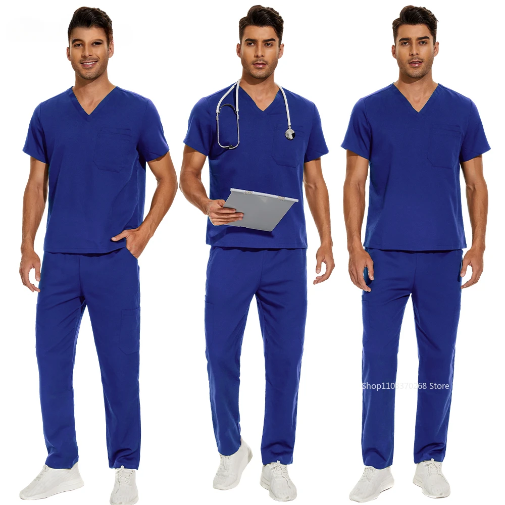 Short Sleeve Mens Scrub Uniforms Doctor Overcoats Dentist Set Medical Tops Pants Man or Women Nurse Work Wear Lab Pharmacy Gown