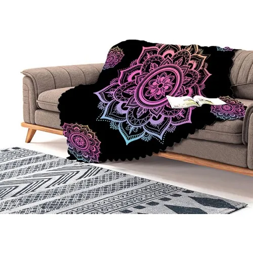 Realhomes Black Ground Pink Blue Mandala Pattern Special Design Chenille Sofa Throw