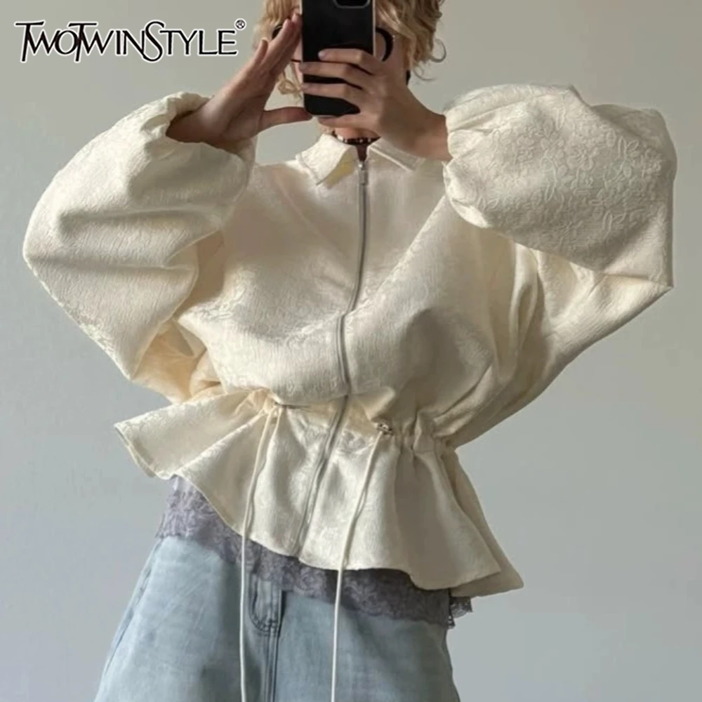 TWOTWINSTYLE Apricot Jacquard Drawstring for Women Jackets Lapel Bubble Long Sleeve Peplum Hem Zip Up Jacket for Summer Casual