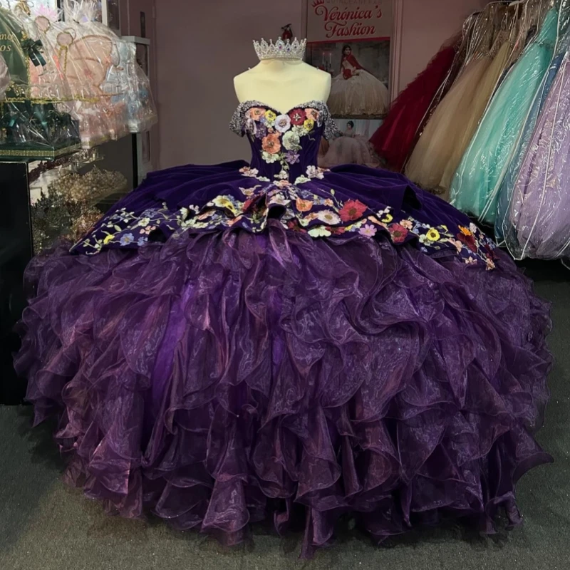 

Фиолетовые блестящие платья Quinceanera с открытыми плечами и аппликацией из кружева и бусин, многоуровневое тюлевое платье для вечеринки, дня рождения, сладкое платье 16, Vestidos De 15
