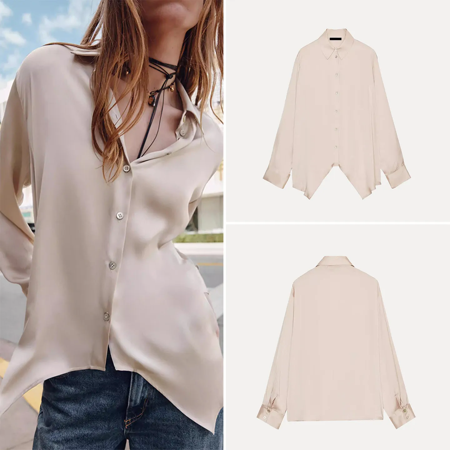 

Модная женская блузка из шелкового атласа с асимметричным подолом, универсальная для повседневной носки, Зима 2025, европейский стиль, длинный рукав, воротник.