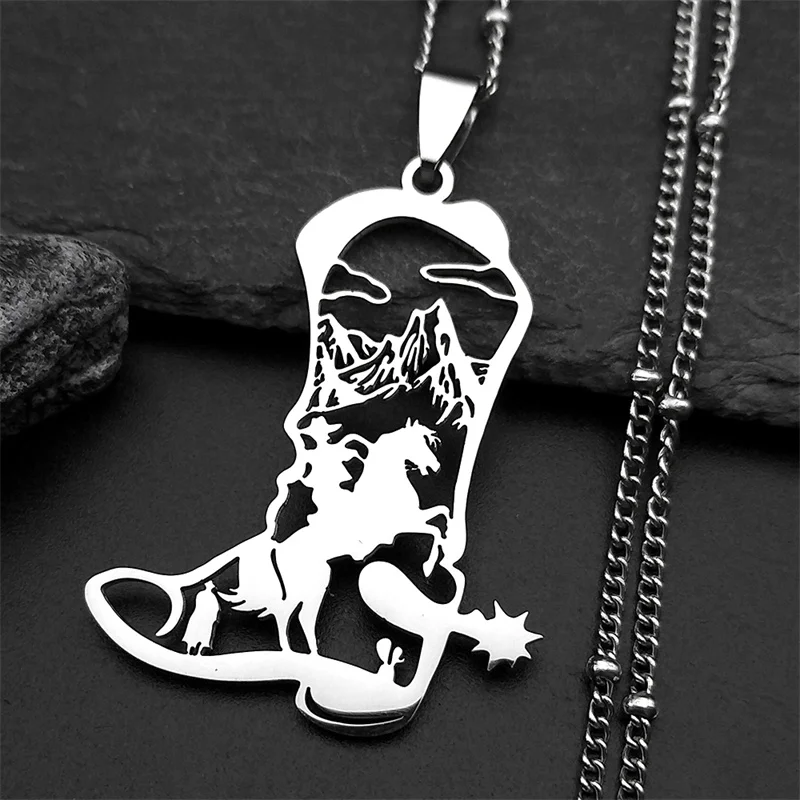 

Mountain West Cowboy Shoes Pendant Necklace For Women Men Stainless Steel Silver Black Color Hollow Fashion Jewelry Gift