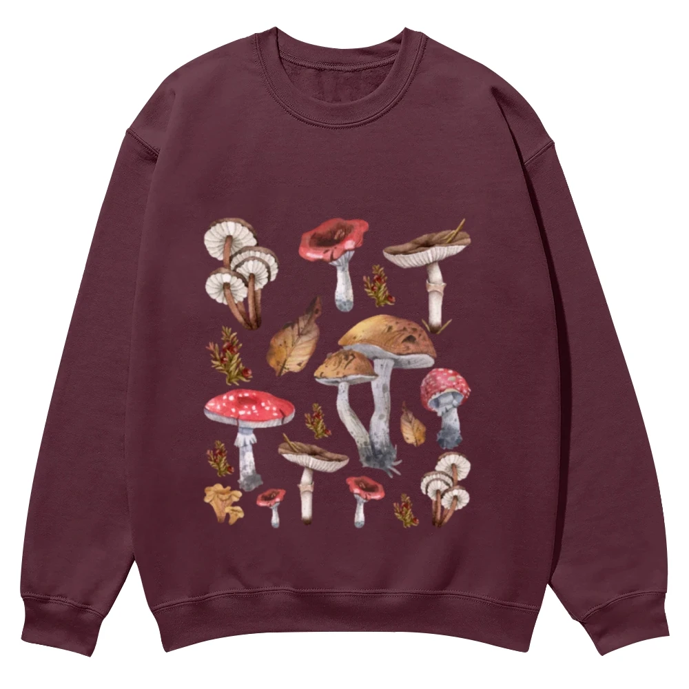 

Chic Mushroom Printed Sweater, Long Sleeve, Crew Neck, Cotton Sweatshirt, Casual Loose Streetwear, Unisex Top, Spring and Autumn