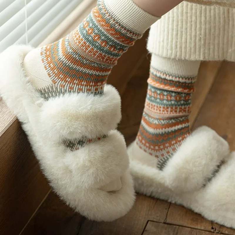 7 Pairs New Women Thick Winter Warm Socks Man Retro Style Wave Pattern Japanese Mid-calf Socks Ethnic Style Ankle Socks Woman