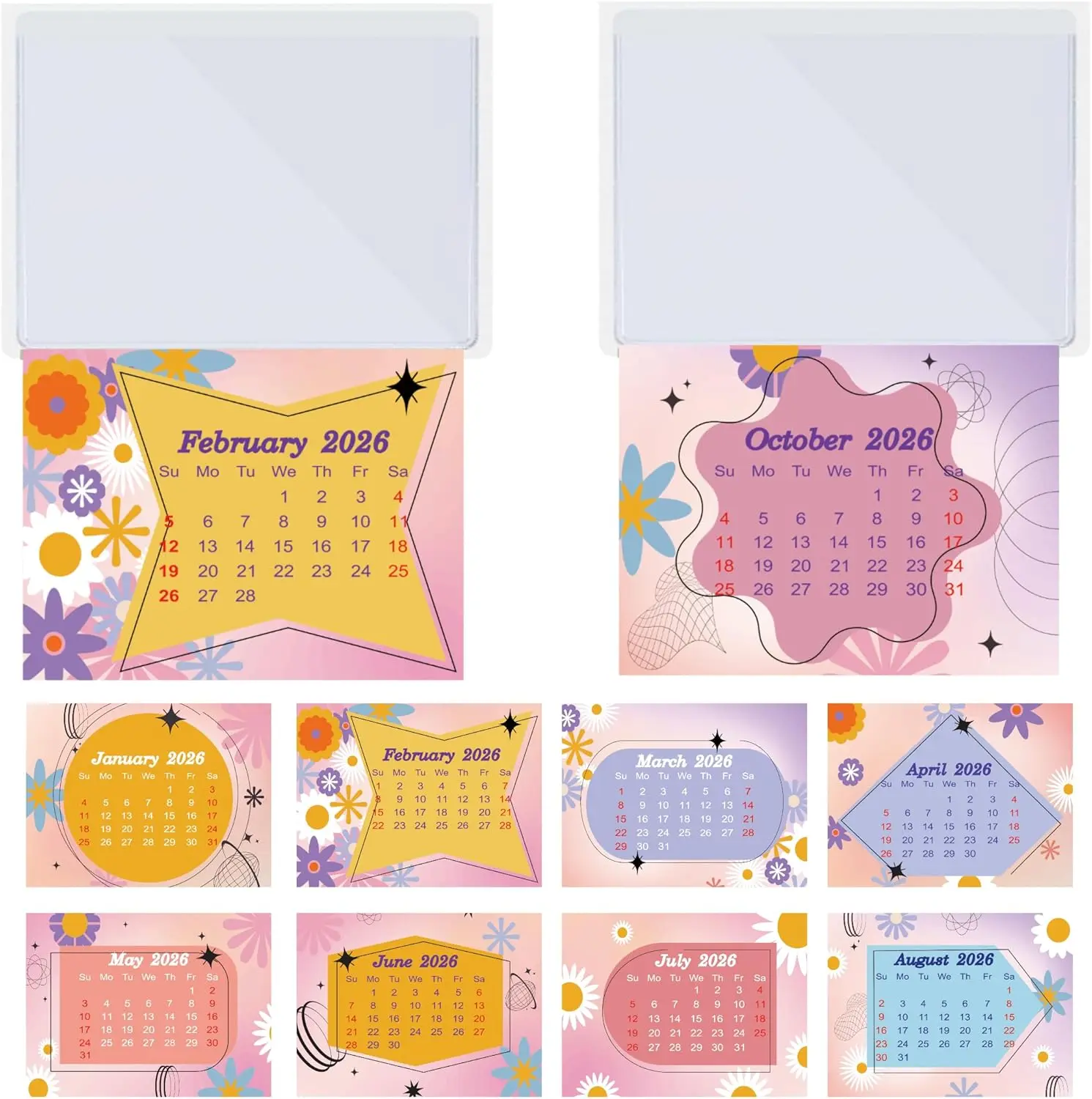

10 Pcs 2026 Peel and Stick Calendar Stickers Daisy Theme Hanging Mini Calendar Card Pocket Holders 2-in-1 Car Monthly Wall Desk