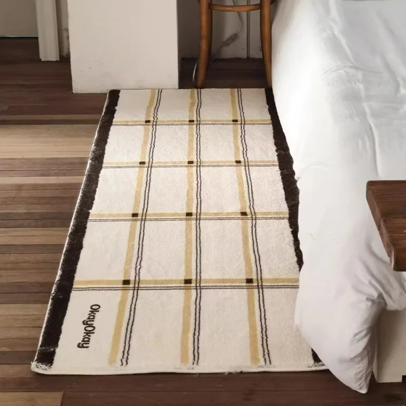 Plaid Stripes Bedside Rugs Cream Color Lines Carpet Soft Elegant Girls Room Decoration Carpets Comfortable Soft Easy Clean Rugs