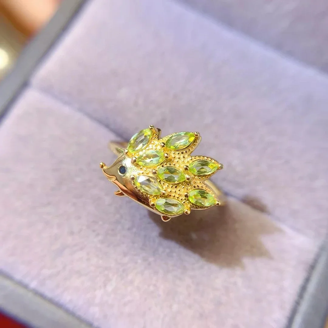 Cute 925 Silver Hedgehog Ring 2mm*4mm Natural Peridot Ring for Vacation 18K Gold Plated Peridot Silver Jewelry