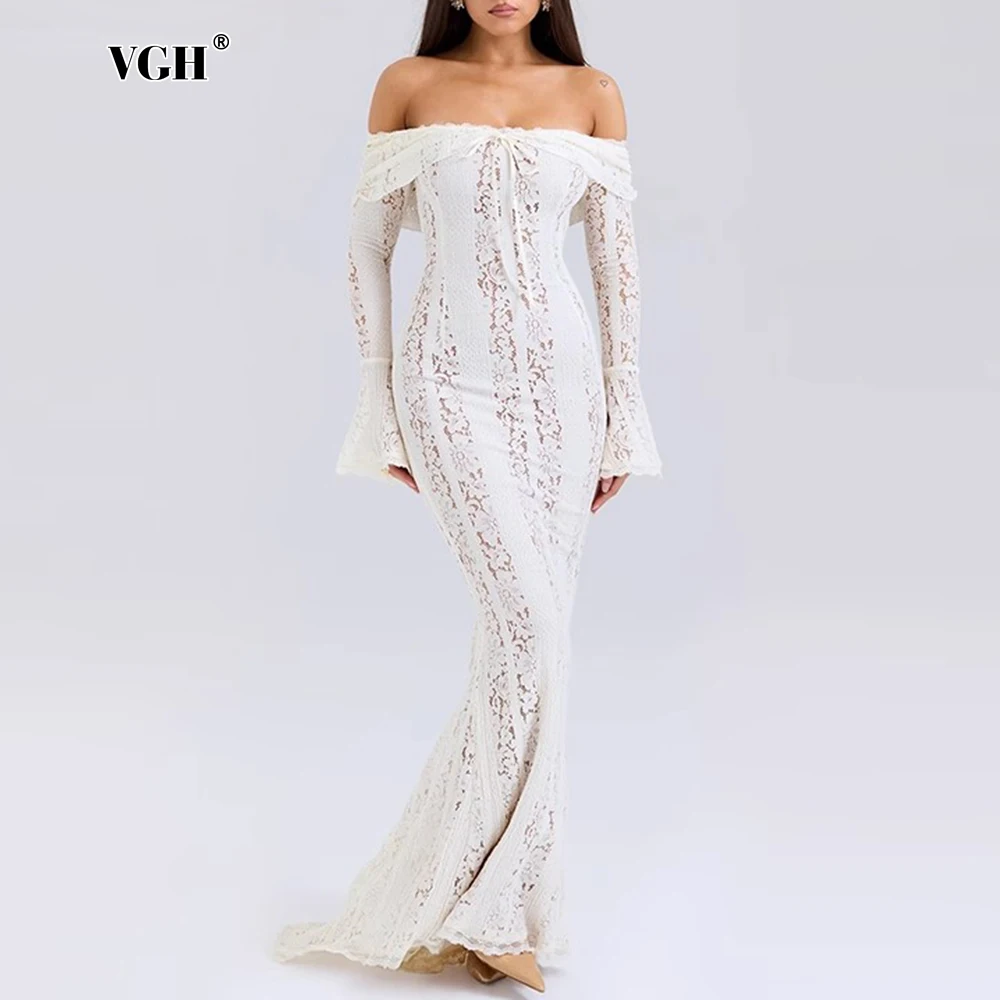 

VGH Lace Long Dress Women Slash Neck Patchwork Lace Up Flare Sleeve High Waist Bodycon Foor Length Sexy Party Dresses Female New