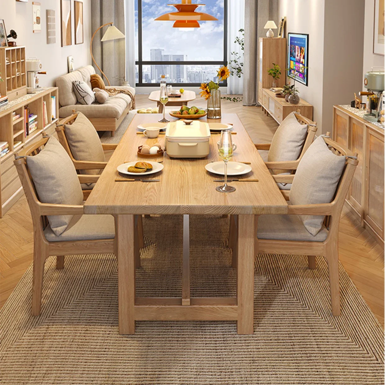 Transitional Solid Oak Dining Table Compact Size Easy Clean with Doors Stackable Durable Build Sturdy Construction