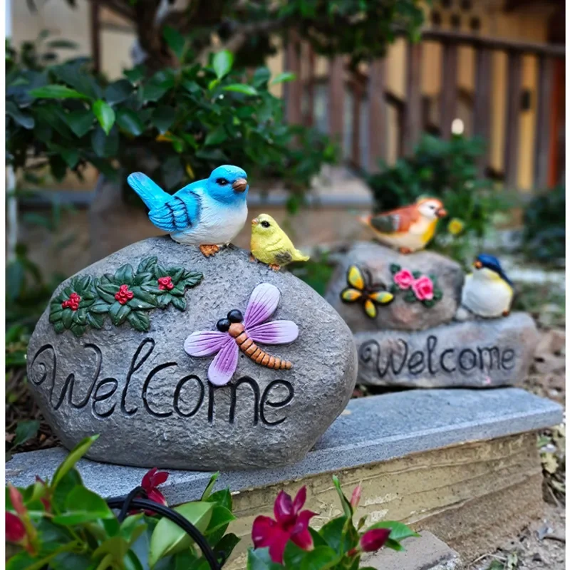 Outdoor Resin Welcome Sign, Cartoon Bird, Courtyard Decorations, Garden Scenery, Home Decoration, Exquisite Carving Guide Card