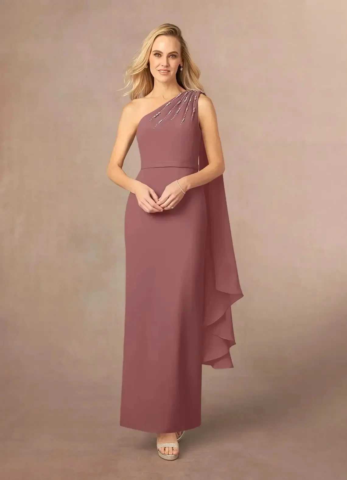 Long Elgant Beaded Capelet One Shoulder Chiffon Ankle-Length Dress Mother of the Bride Groom Dress Evening Party Wedding Dresses