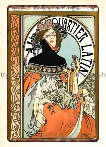 1898 MUCHA, Alfons Quartier Latin Art Nouveau metal tin sign tin wall signs