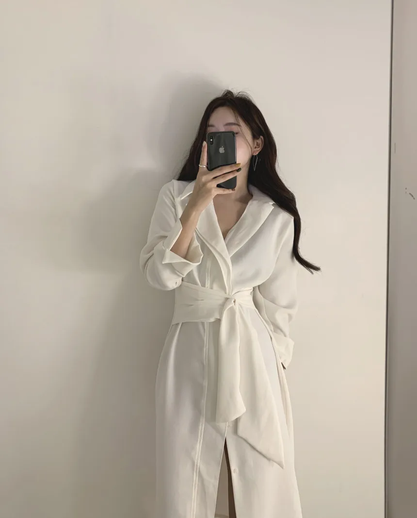 가을 한국 스타일 하이 스트리트 유행 미니멀리스트 드레스 여성 싱글 브레스트 벨트 블레이저 칼라 롱 드레스 우아한 세련된