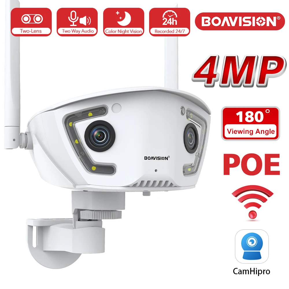 Wifi Surveillance Camera Outdoor 4MP POE Dual Lens 180° Ultra Wide Angle AI Human Detection Security Camera Camhipro APP