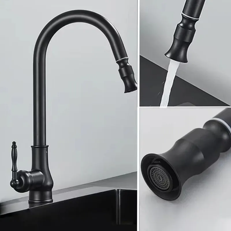Kitchen Faucet Pull Out Cold and Hot Faucet Washing Basin Rotatable Basin Sink Taps Anti Splash Antique Bronze Kitchen Water Tap