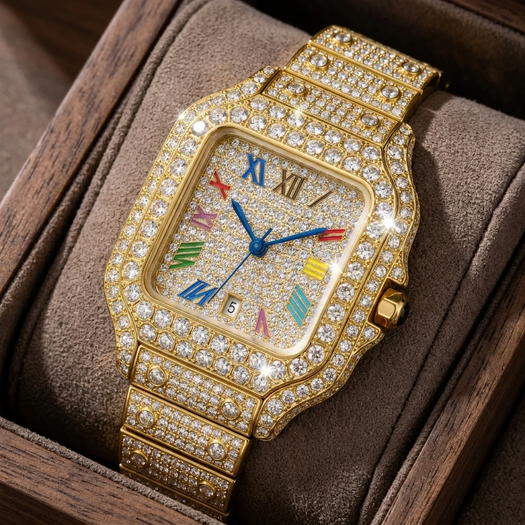 Men's square plate reading watch, block face splicing shape strap, light luxury collection style
