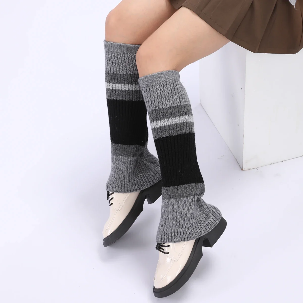 Wool Fabric Women Knitted Leg Warmers Maillard Color Matching Fashionable Retro Style Warm Daily Outing Gift First Choice