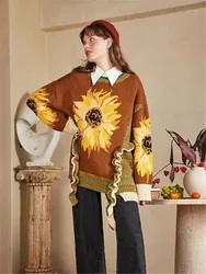 Dress2024 Luxury Van Gogh Art New Sunflower Pattern Wooden Ear Edge Panel Sweater Wide Matsu Female