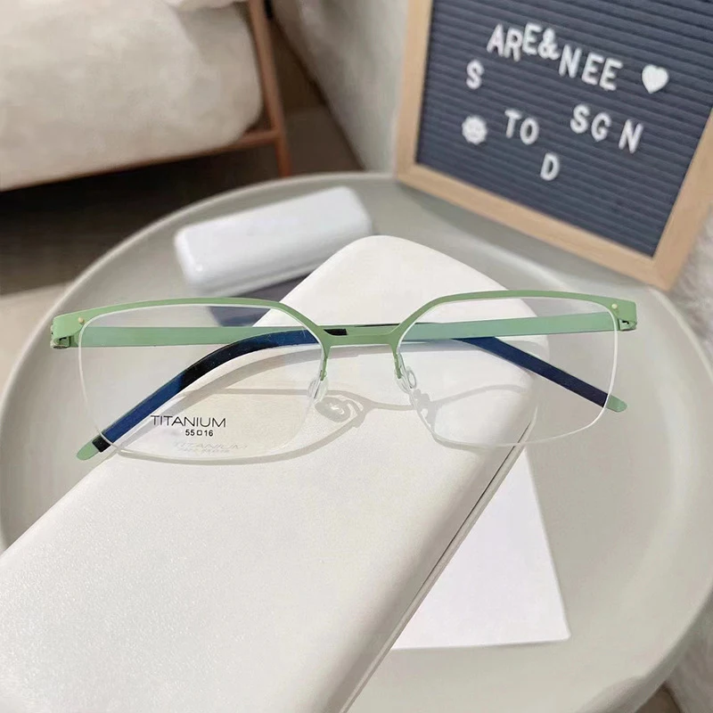 

Danish Luxury Brand Reproduction Irregular Half-rim Ultra-light Pure Titanium Eyewear Screwless Design Browline Glasses Frame