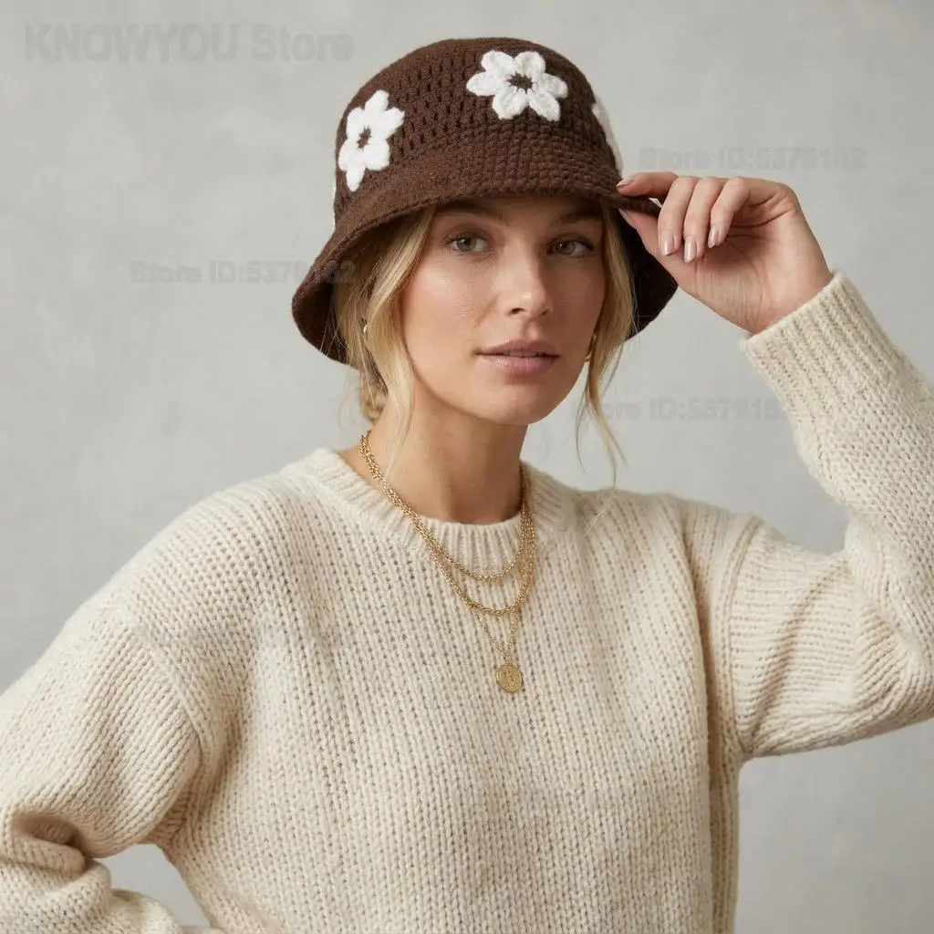 Women Hand Crochet Floral Bucket Hat Autumn Winter Knit Fisherman Hat Elegant Sweet Versatile Trendy Beanie