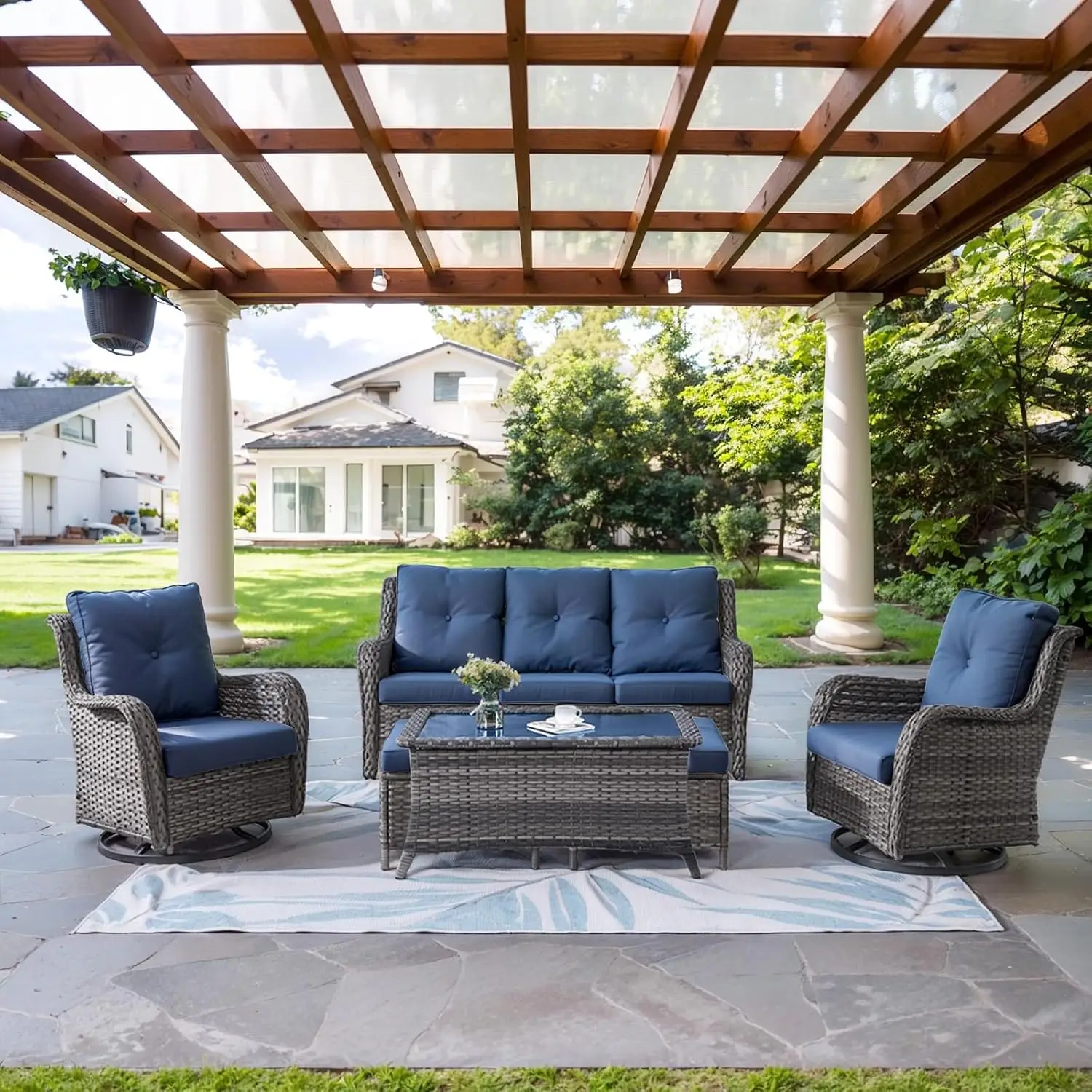 6-Piece Wicker Patio Conversation Set With Swivel Rockers, Sofa, Ottomans & Coffee Table, Blue Cushion, Customized