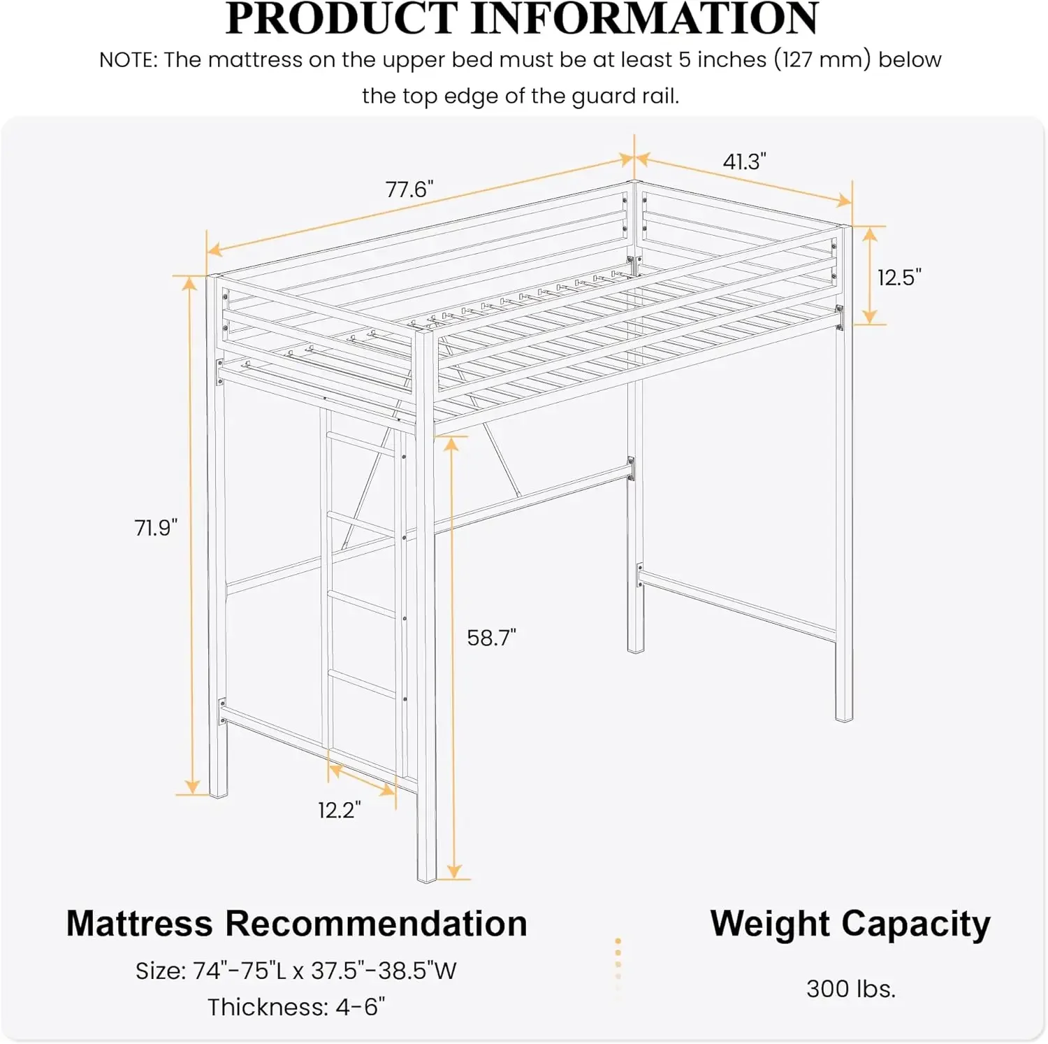 Junior Loft Bed Twin Size, Heavy Duty Twin Bed Frame with Full-Length Guardrail & Removable Stairs, Noise-Free, Space-Saving,