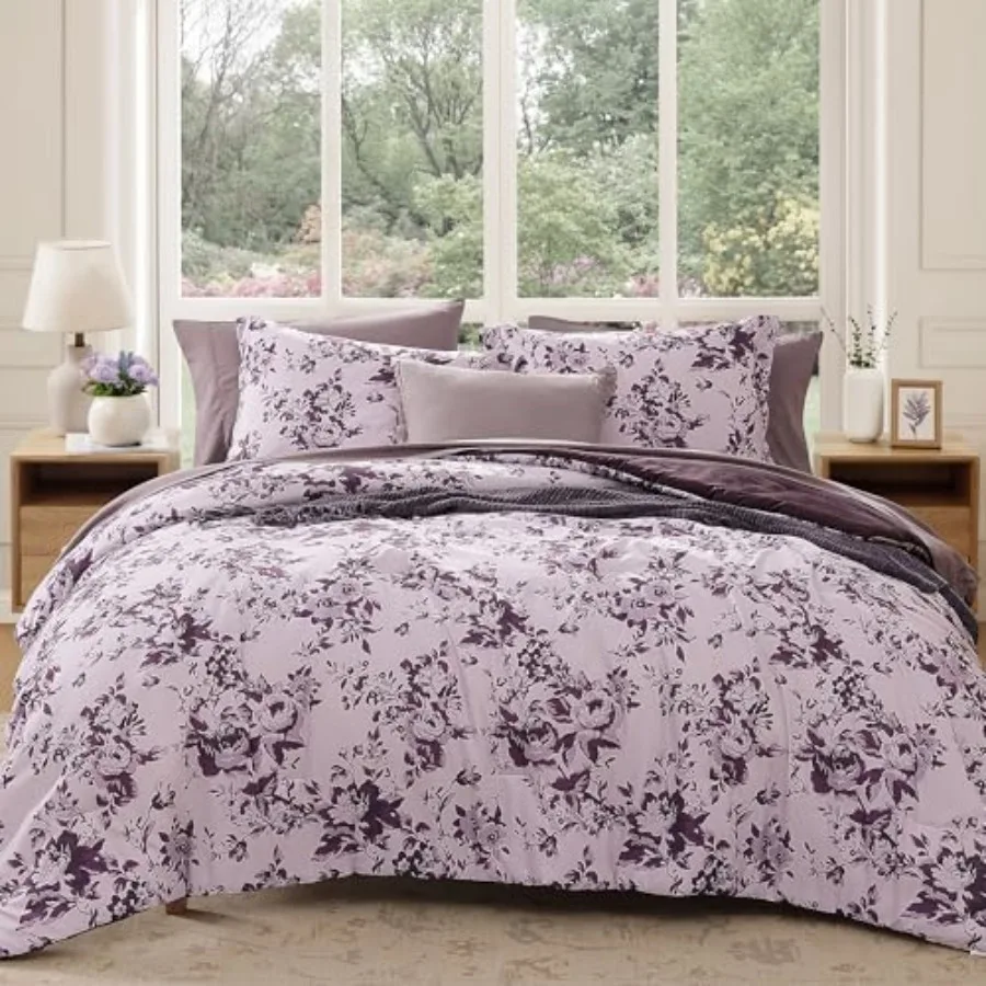 

Comforter Set -7 Pieces Floral Comforter Set for All Seasons Bed in a Bag with Botanical Flowers Comforter Sheets Pillowcases a