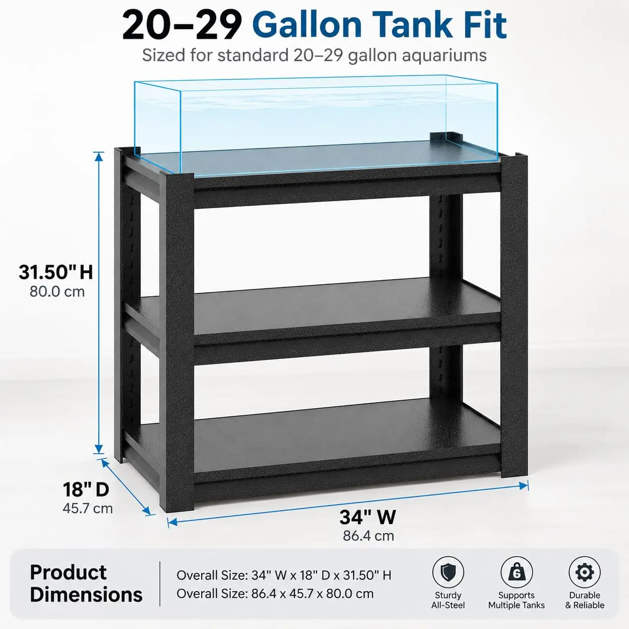20-29 Gallon Aquarium Stand Metal Frame Fish Tank Stand with 2-Tier Storage Shelves, for 20 Gallon Long Aquarium, 34