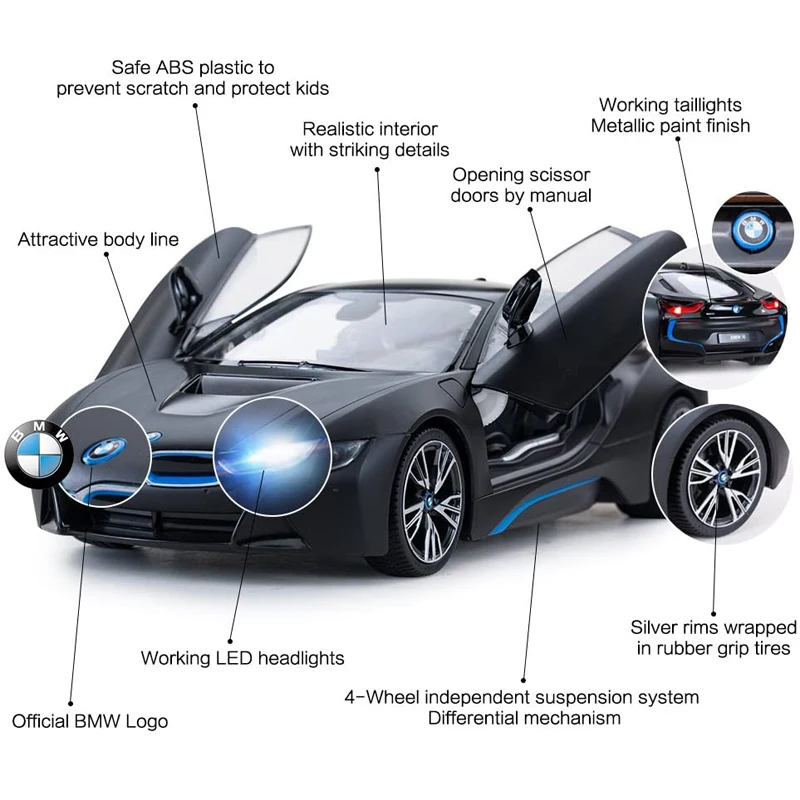 BMW i8 RC Car 1:14 Scale Remote Control Toy Radio Controlled Car Model Auto Open Doors Machine Gift for Kids Adults Rastar