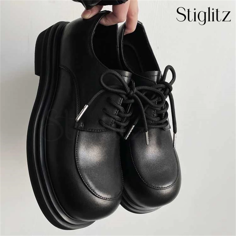 

Big Round Toe Lace-Up Casual Leather Shoes Exaggerated Designer Style Handmade Leather Shoes Lace-Up Black Matte Leather Shoes