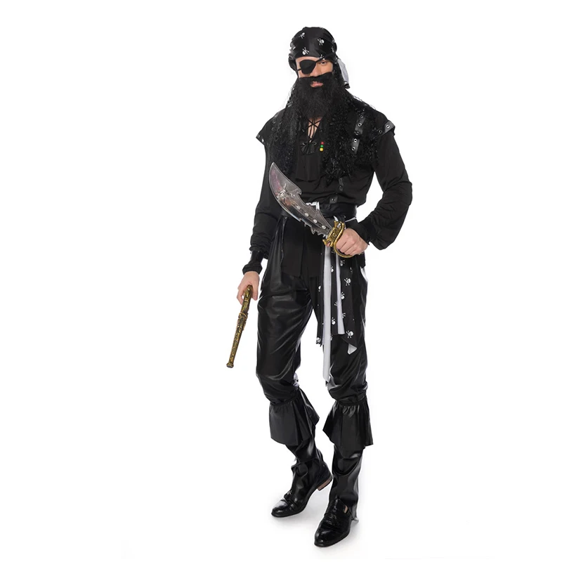 Halloween cosplay costume, Caribbean one eyed pirate costume, masquerade ball party, pirate with fake beard
