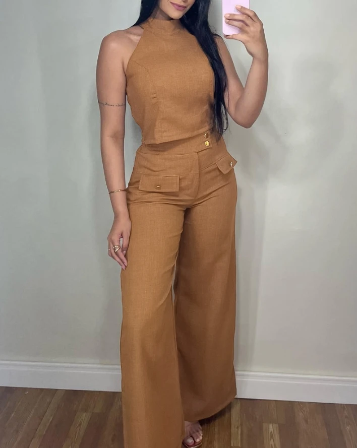 

Women's Temperament Suit 2025 Spring Summer Latest Mock Neck Sleeveless Petite Top Casual Metal Button Decor Bootcut Pants Set