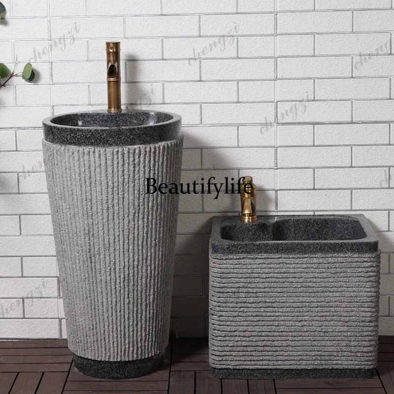 A68 Outdoor courtyard wash basin, villa garden integrated pillar basin, natural stone wash basin