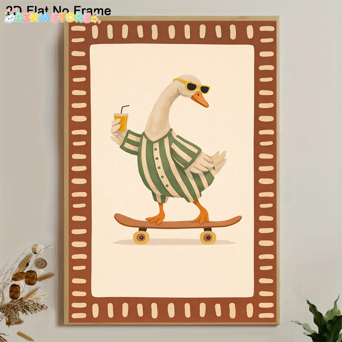 2027,1pc Modern Frameless Goose Poster - Whimsical Skateboarding Goose in Fashion Glasses with Drink, Fun Animal Cartoon Wall